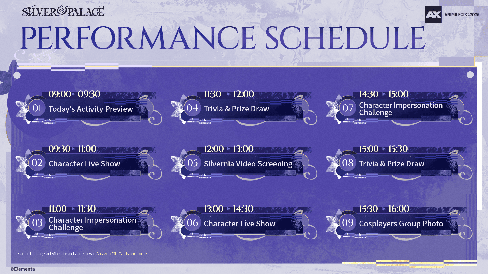 Silver Palace Anime Expo 2026 performance schedule — nine stage activities from 09:00 to 16:00
