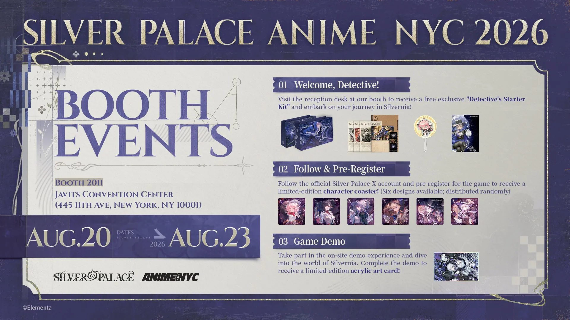 Silver Palace Anime NYC 2026 booth events panel showing the Detective's Starter Kit, six character coaster designs, and the acrylic art card