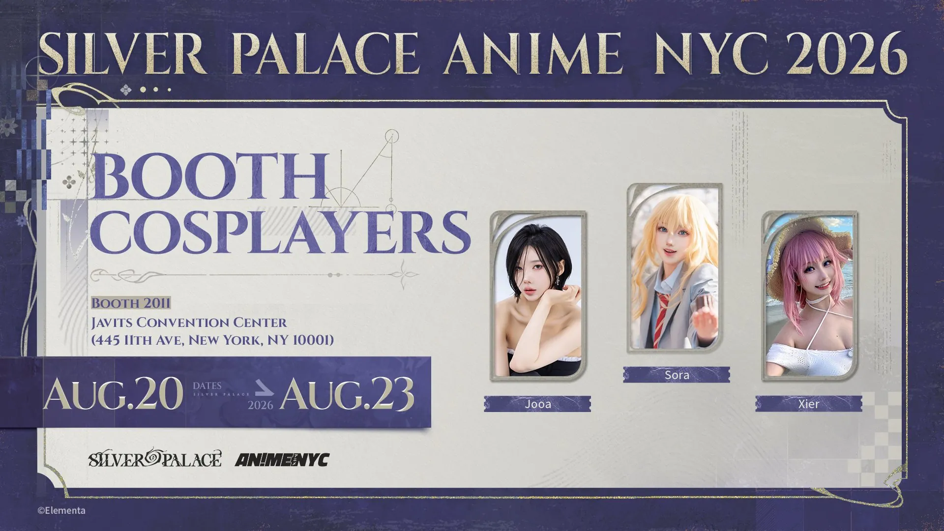 Silver Palace Anime NYC 2026 booth cosplayers Jooa, Sora and Xier
