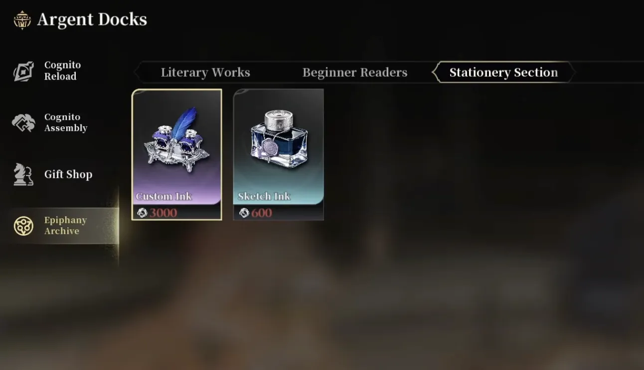 The Argent Docks Stationery Section in Silver Palace showing Custom Ink and Sketch Ink for sale in Surplus Materials