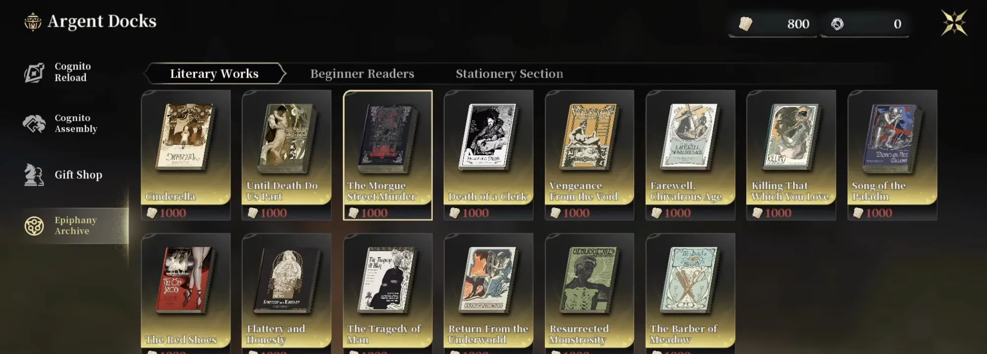 The Argent Docks Epiphany Archive in Silver Palace showing a grid of Epiphany book covers under the Literary Works tab, each priced at 1000 Fate Clippings