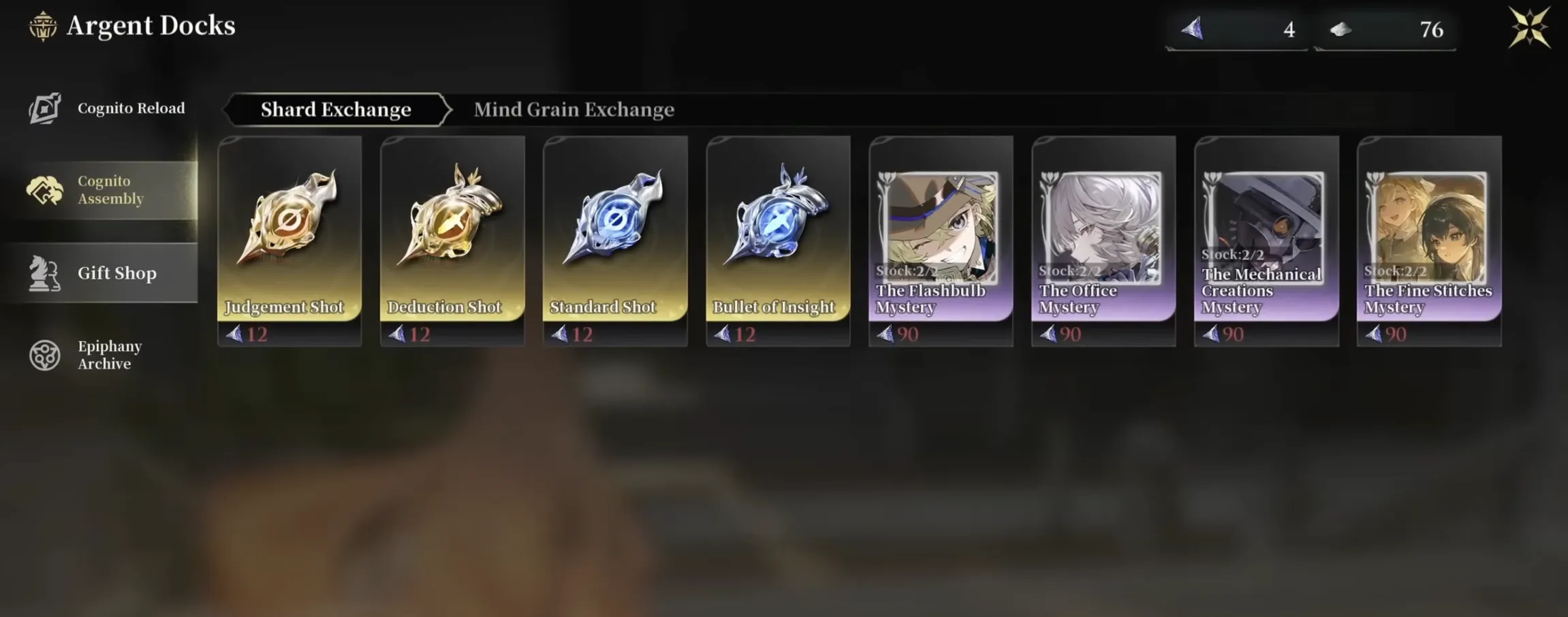 Silver Palace Argent Docks Shard Exchange tab showing all four Shot types priced at 12 Mind Shards and four character Mystery items priced at 90 Mind Shards each
