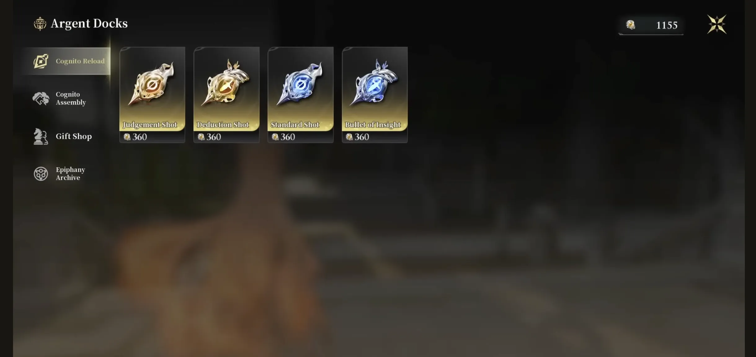 The Argent Docks shop with its four tabs and the four Shot types priced at 360 Reactor Crystals