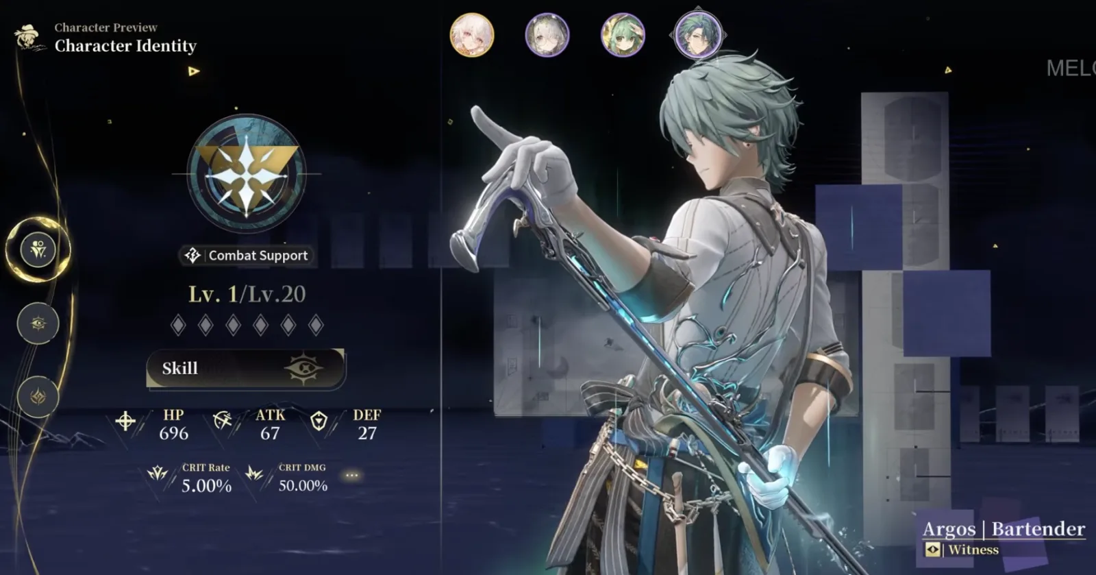 Silver Palace Argos Character Identity screen showing Combat Support combat style and Witness identity
