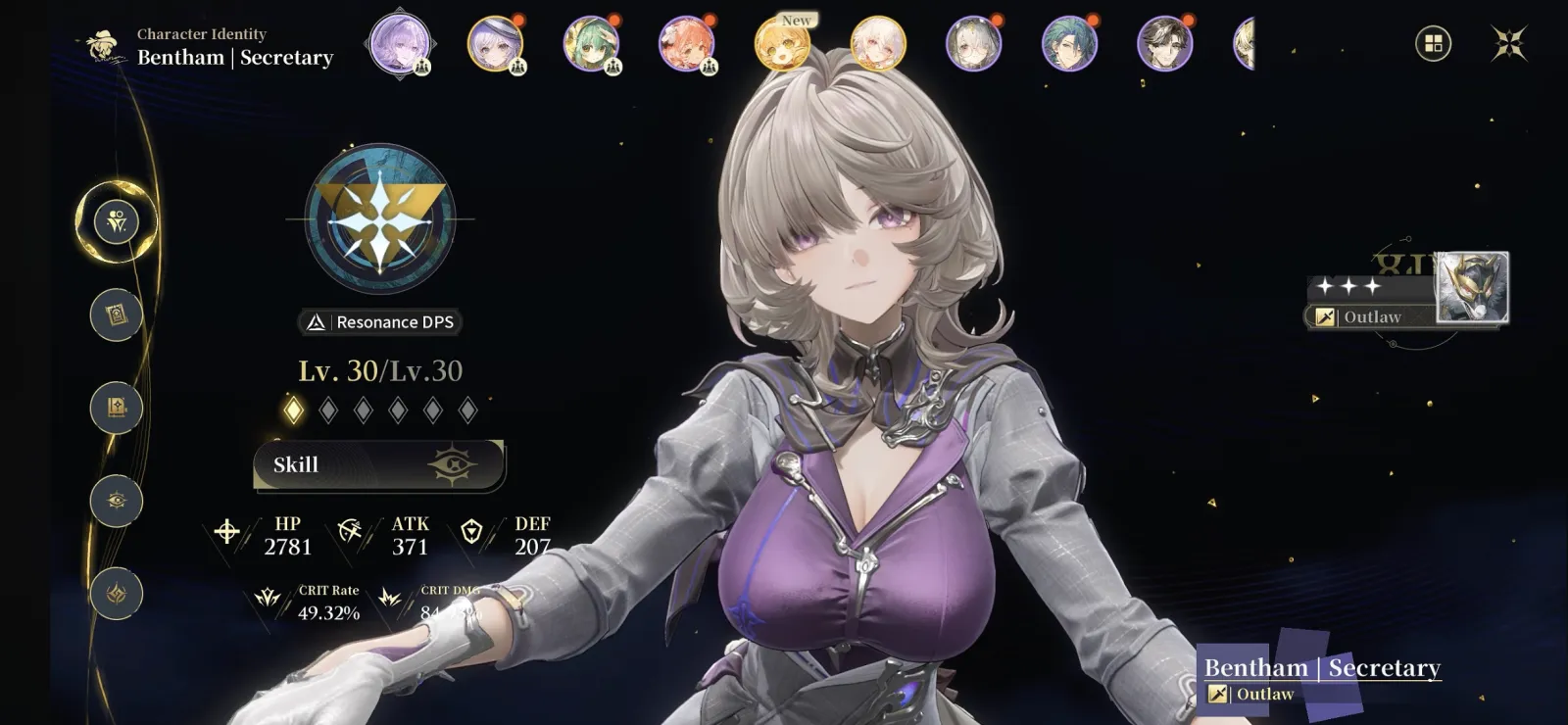 Bentham Secretary Identity screen in Silver Palace, showing her Combat Style Outlaw and Resonance DPS role