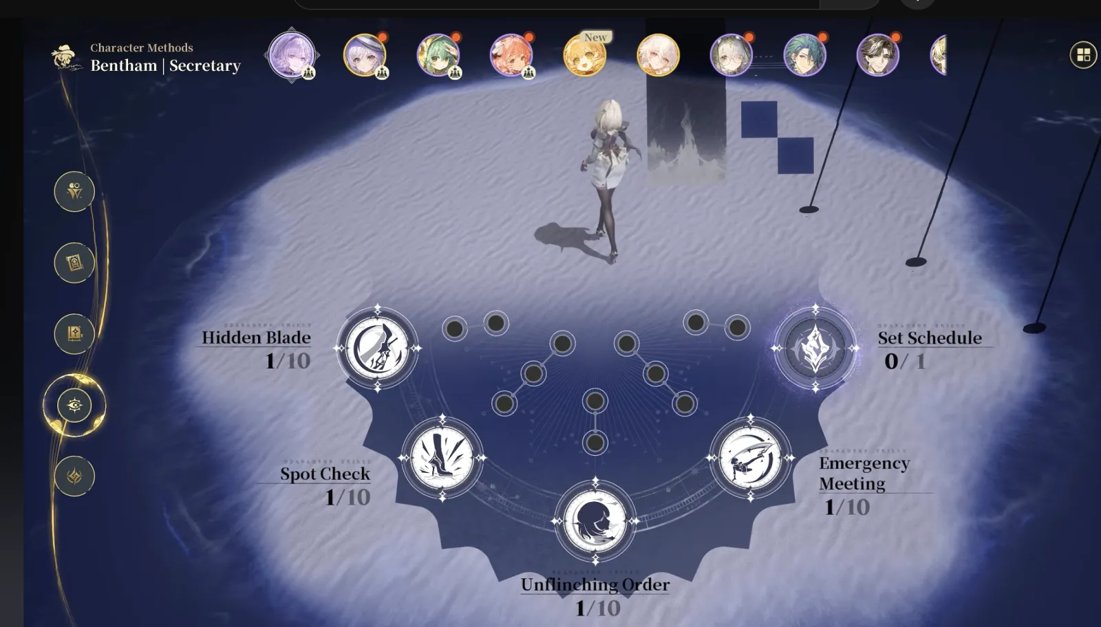 Bentham Secretary Methods skill tree in Silver Palace, showing Hidden Blade, Spot Check, Unflinching Order, Emergency Meeting, and Set Schedule