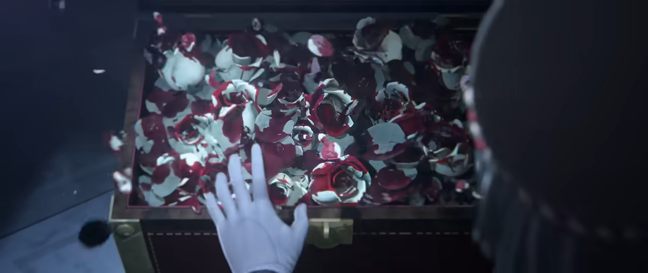 A chest of blood-stained white roses left behind where the stolen Reactor should have been in Silver Palace