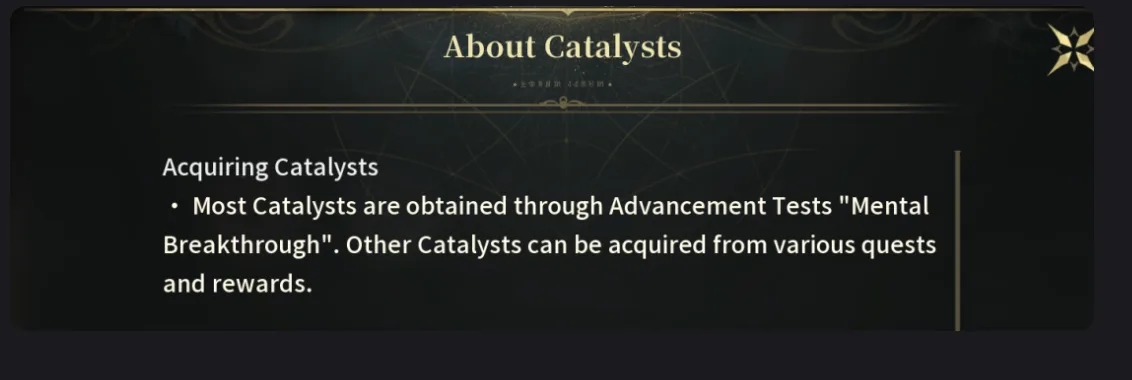 Silver Palace About Catalysts info card describing Advancement Tests, Mental Breakthrough, as the main acquisition method