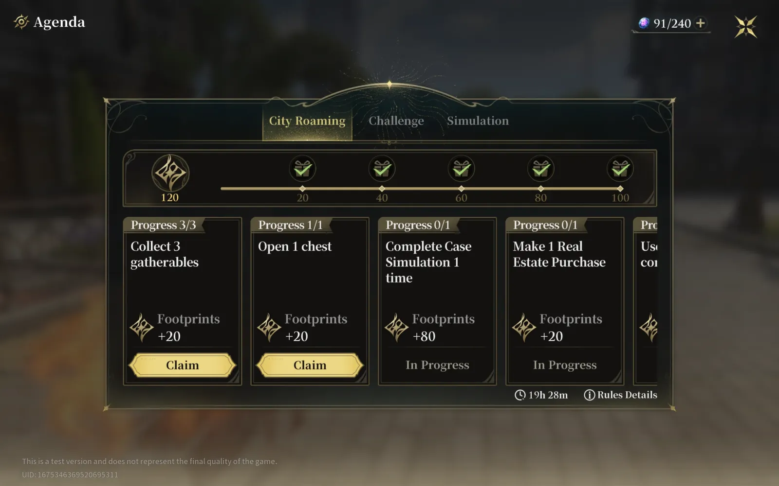 Silver Palace CBT1 Agenda daily task screen on the City Roaming tab, listing objectives that award Footprints