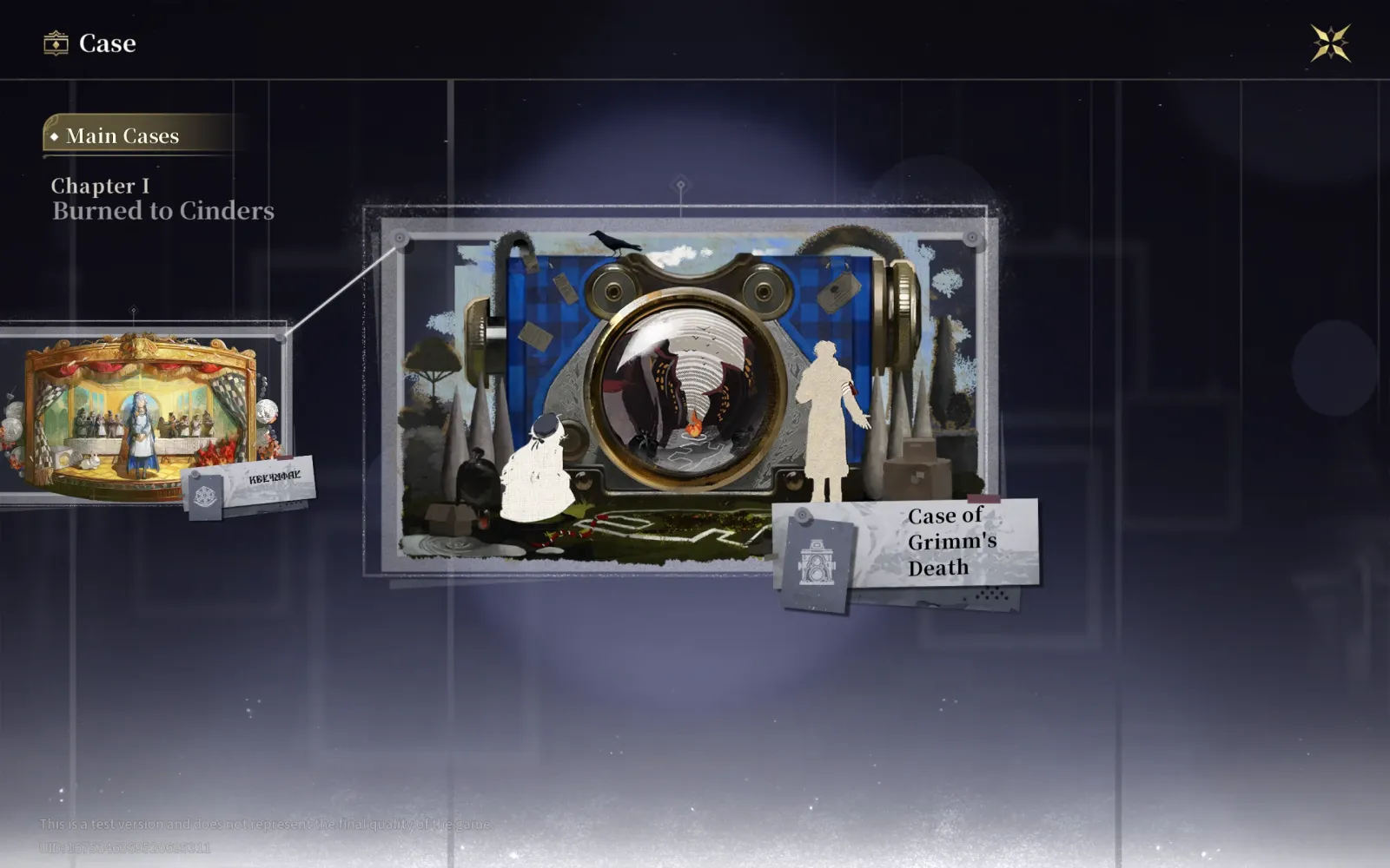 Silver Palace CBT1 Case screen showing Main Cases, Chapter I: Burned to Cinders and the Case of Grimm's Death diorama