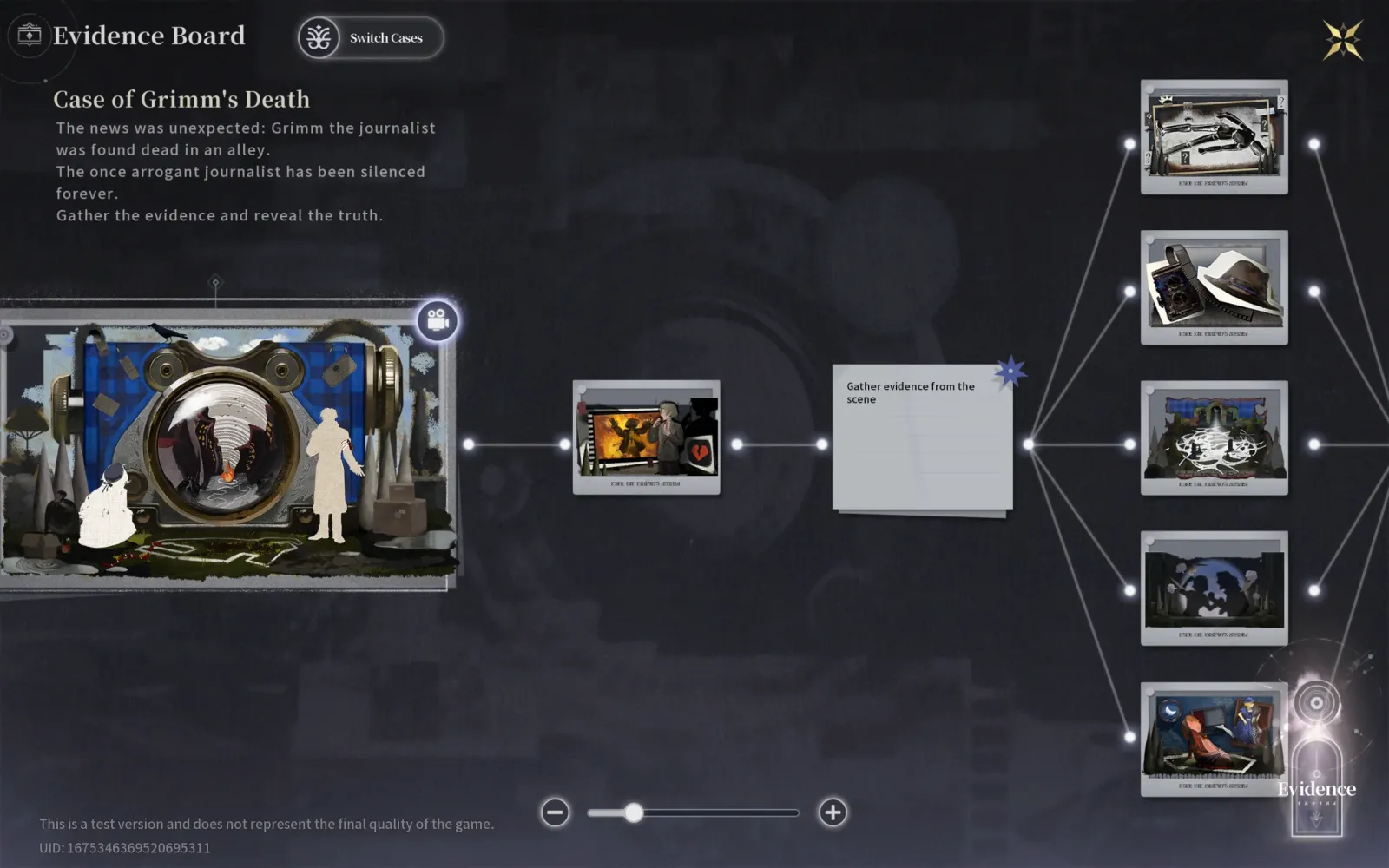 Silver Palace CBT1 Evidence Board for the Case of Grimm's Death, showing clue nodes linked across the investigation