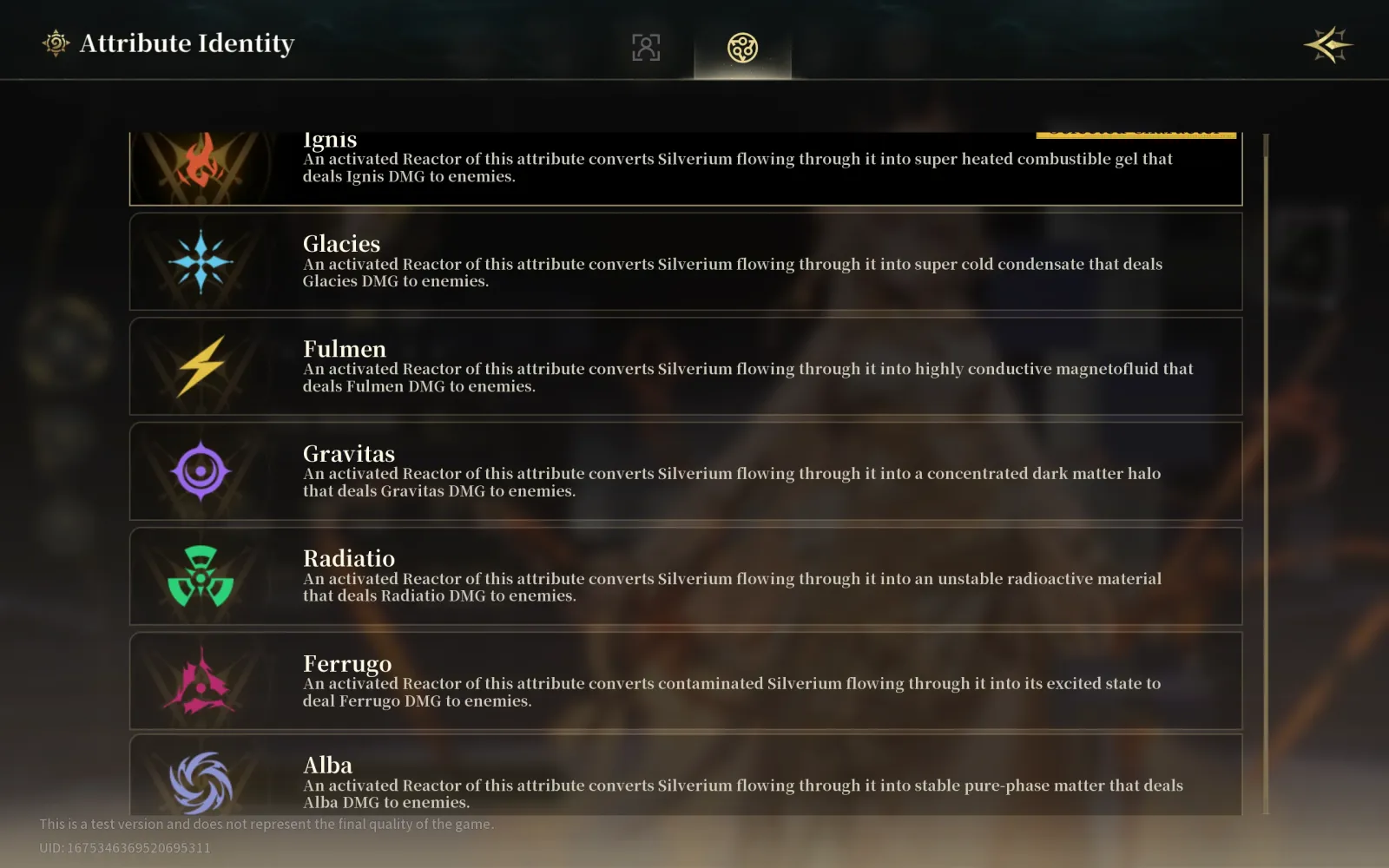 Silver Palace CBT1 Attribute Identity screen listing all seven Reactor Attributes (Ignis, Glacies, Fulmen, Gravitas, Radiatio, Ferrugo and Alba), each with its Silverium conversion description