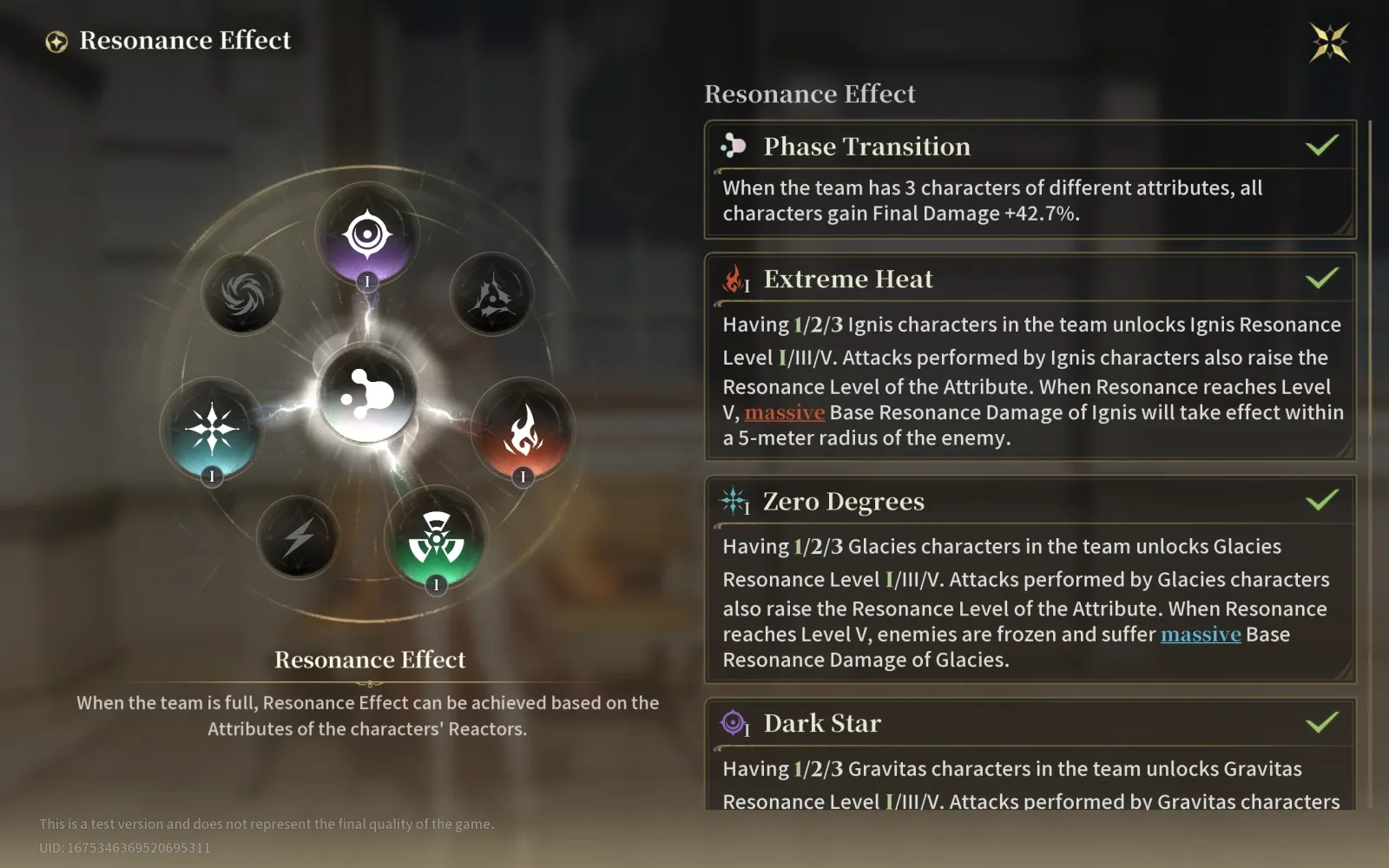 Silver Palace CBT1 Resonance Effect screen showing the attribute wheel and buffs including Phase Transition, Extreme Heat, Zero Degrees and Dark Star