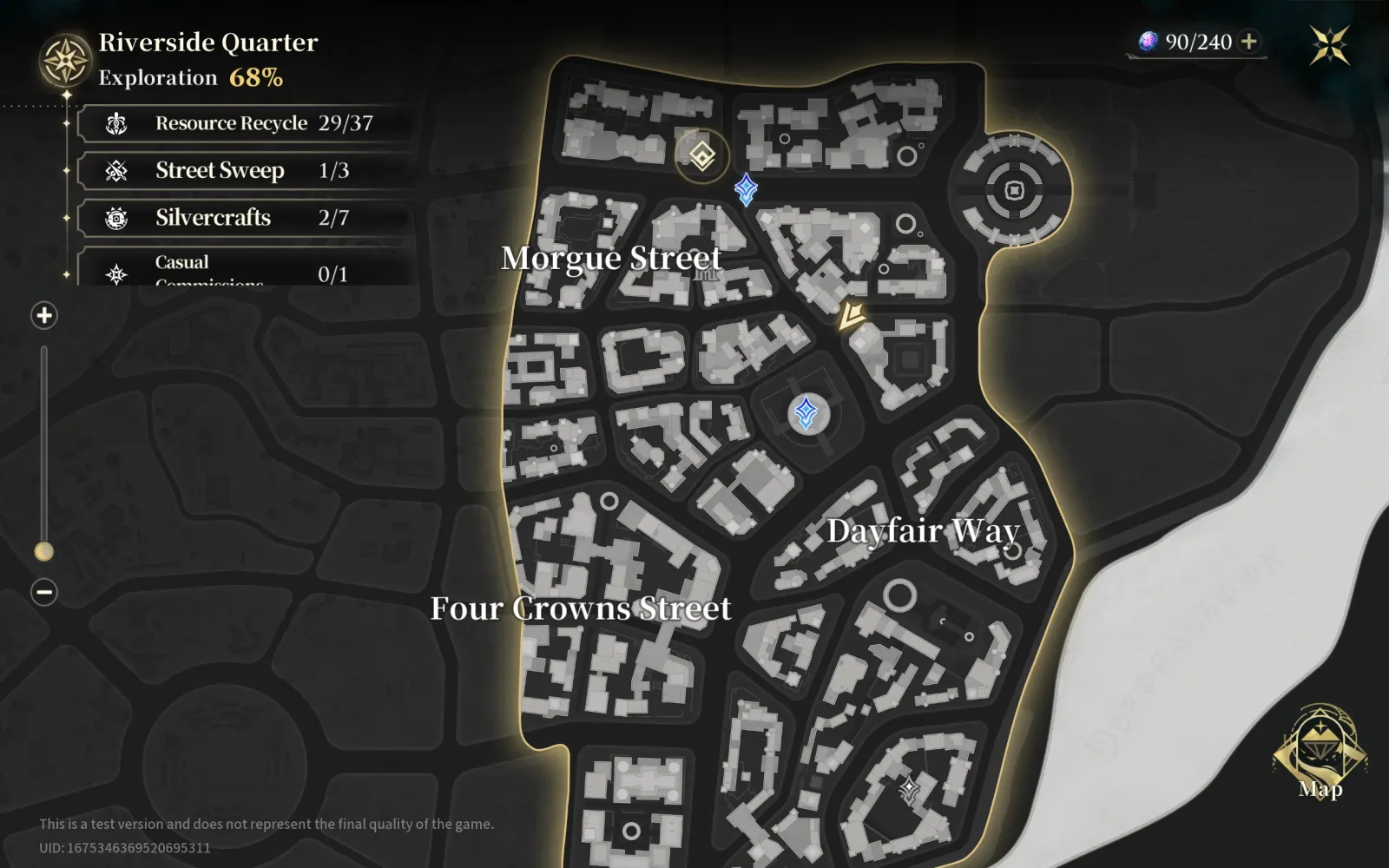 Silver Palace CBT1 Riverside Quarter map at 68% exploration, showing district names and collectible trackers for Resource Recycle, Street Sweep and Silvercrafts