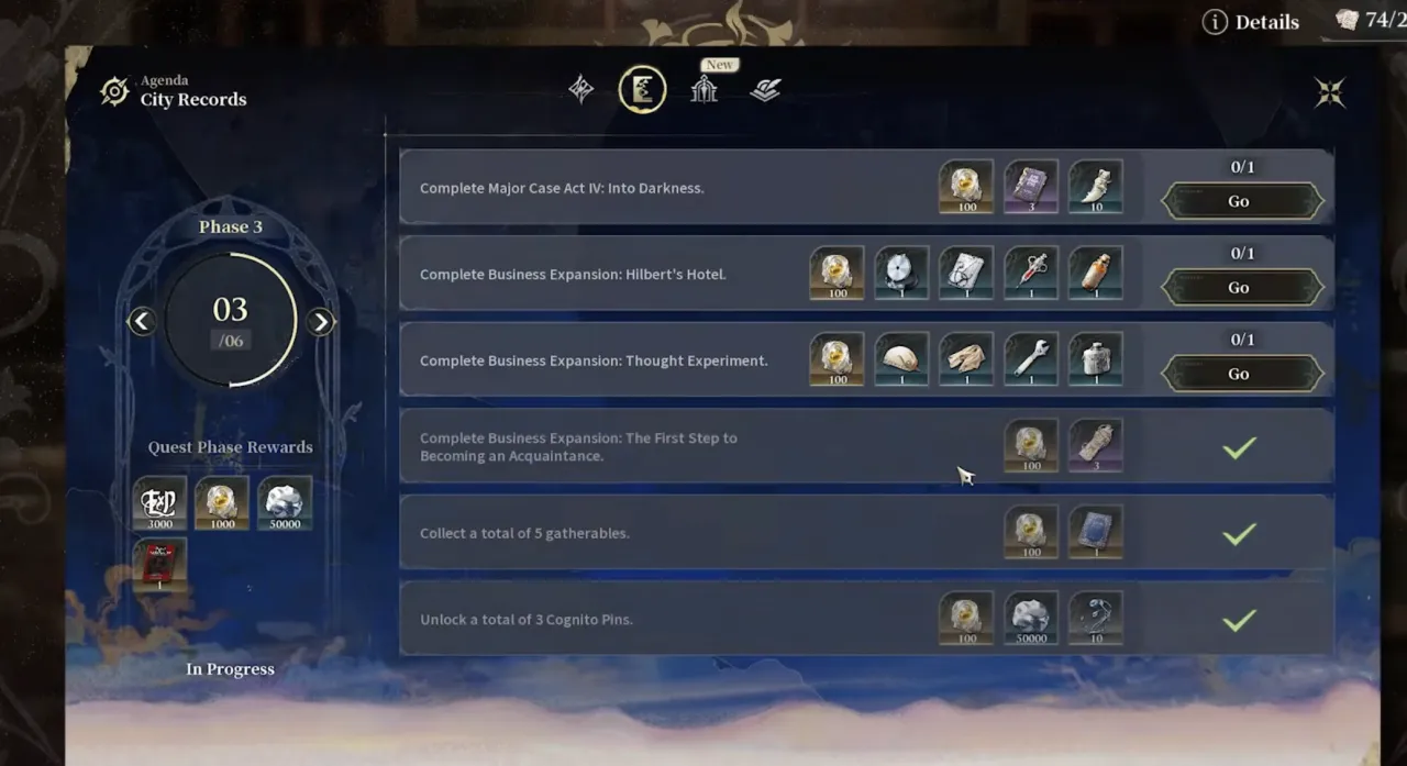 The Silver Palace Agenda on the City Records tab, listing story and system objectives with their material rewards and a phase reward panel on the left