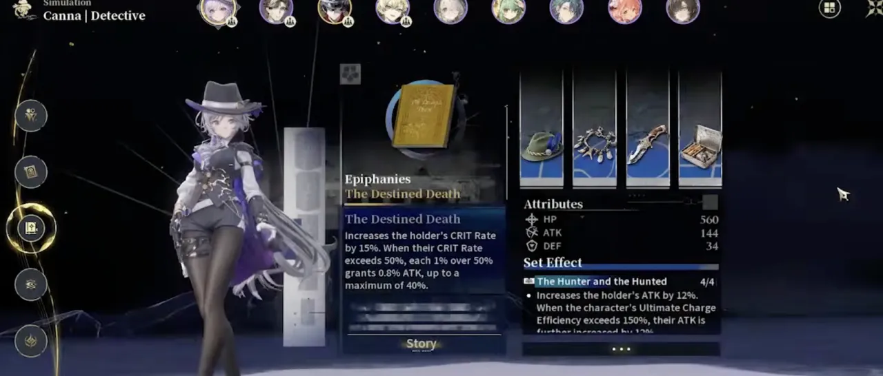 The Silver Palace Character Simulation screen with four equipment slots, an Epiphanies panel and a completed set effect listed on the right