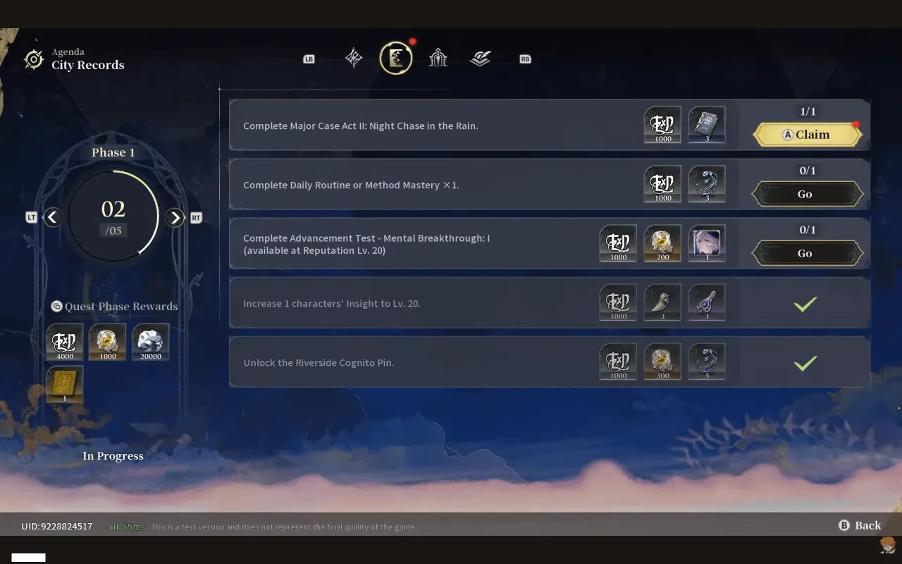Silver Palace CBT2 City Records Phase 1 page showing quest phase rewards of 4000 EXP, 1000 Reactor Crystals and 20000 Ounce plus individual objective rewards