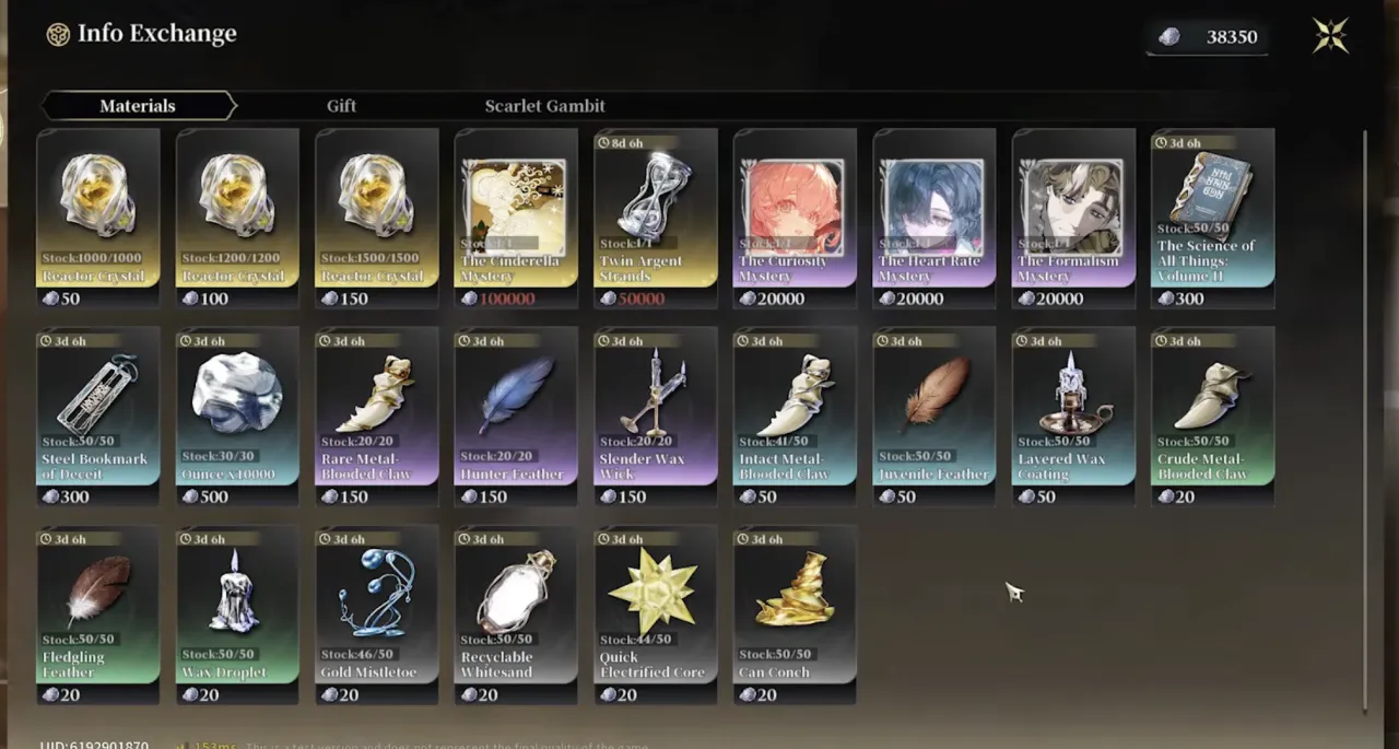 The Silver Palace Info Exchange shop on the Materials tab, listing Reactor Crystal stock, Motive cards and character upgrade materials with refresh timers