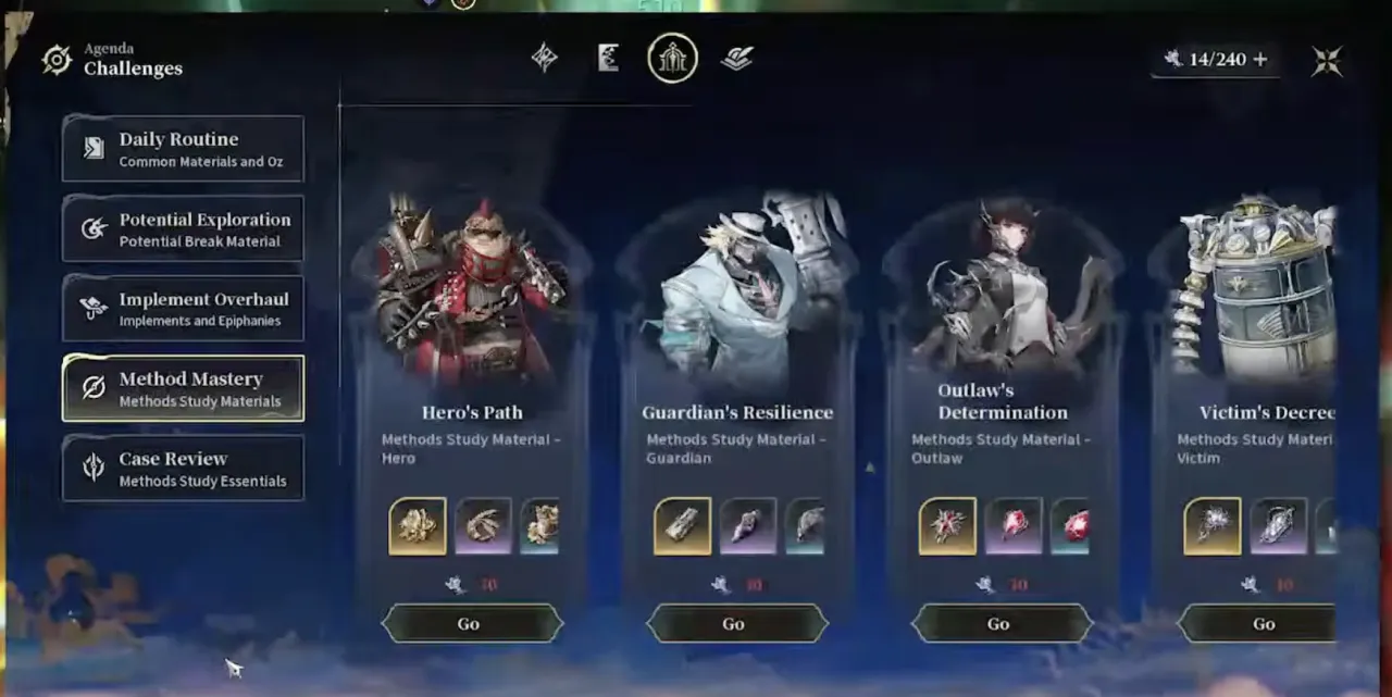 The Silver Palace Method Mastery challenge screen listing the study material stages for each character Identity, with a Vitality counter in the top right