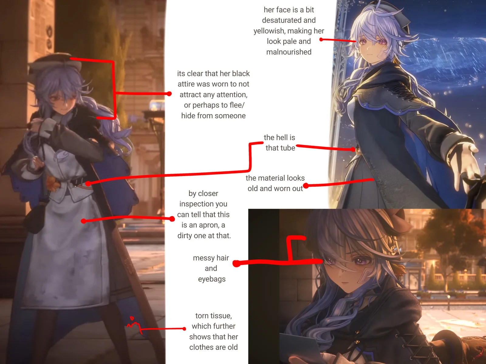 Reader annotations on the woman in the dark coat from the Silver Palace reveal trailer, pointing out the worn fabric, the dirty apron, the pale face and the torn hem