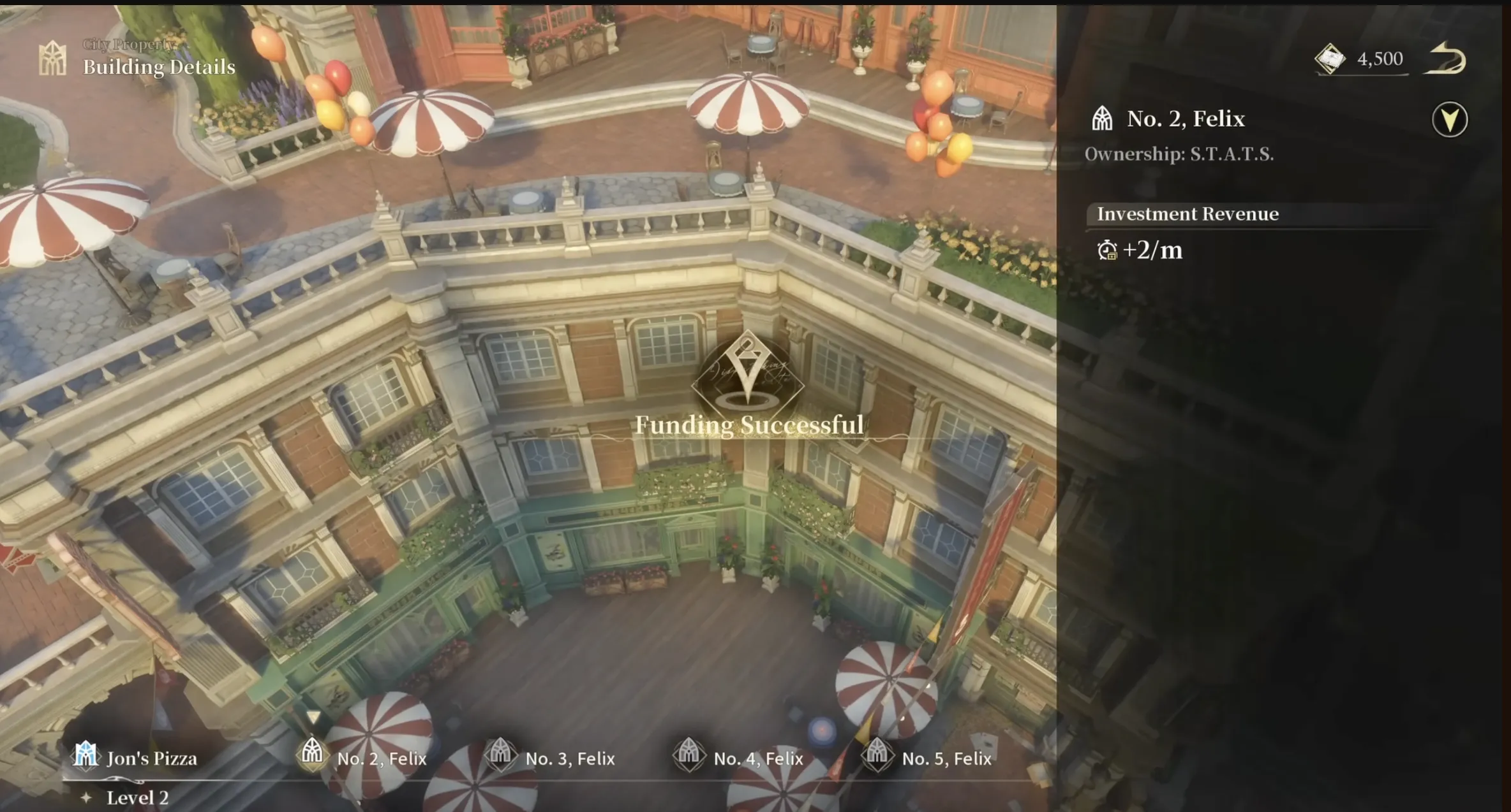 Silver Palace City Property building detail screen for No. 2, Felix, showing S.T.A.T.S ownership and an Investment Revenue rate of +2 per minute