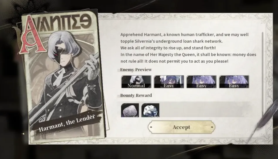 The A rank Harmant the Lender contract panel showing four enemy previews and its bounty reward row