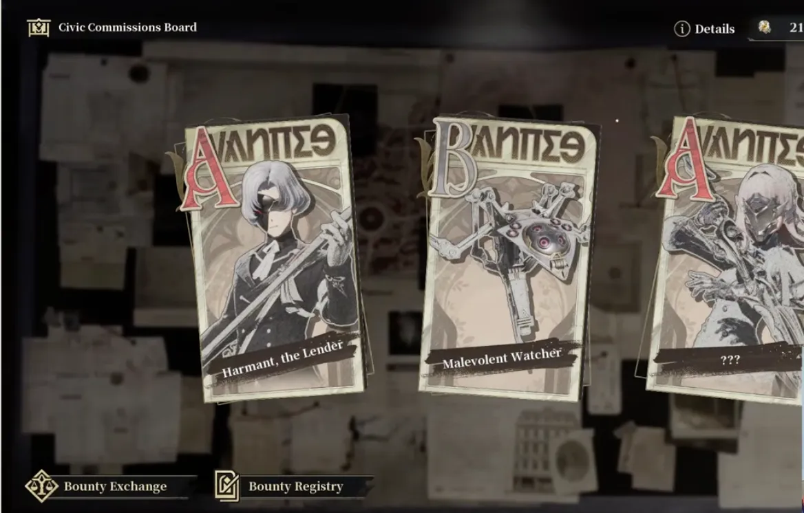 Civic Commissions Board bounty cards pinned in the Silver Palace city