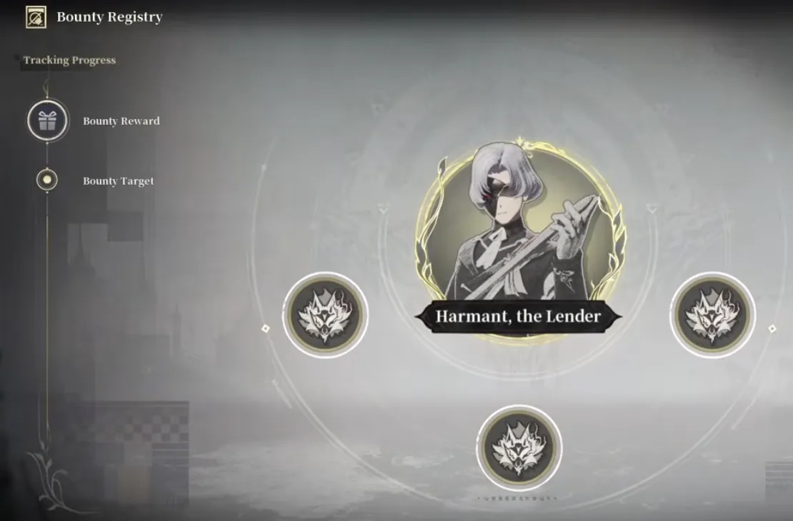 The Bounty Registry screen showing Harmant the Lender ringed by three uncleared investigation nodes