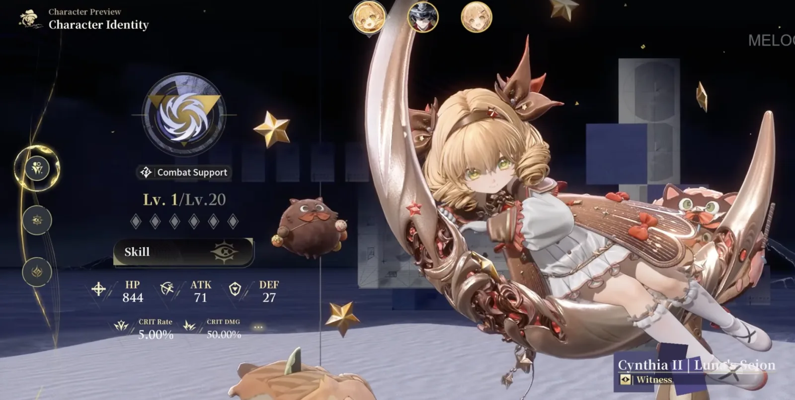 Silver Palace Cynthia II Character Identity screen showing Combat Support combat style and Witness identity