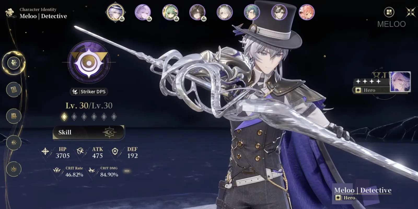 Silver Palace Detective Character Identity screen showing Striker DPS combat style and Hero identity