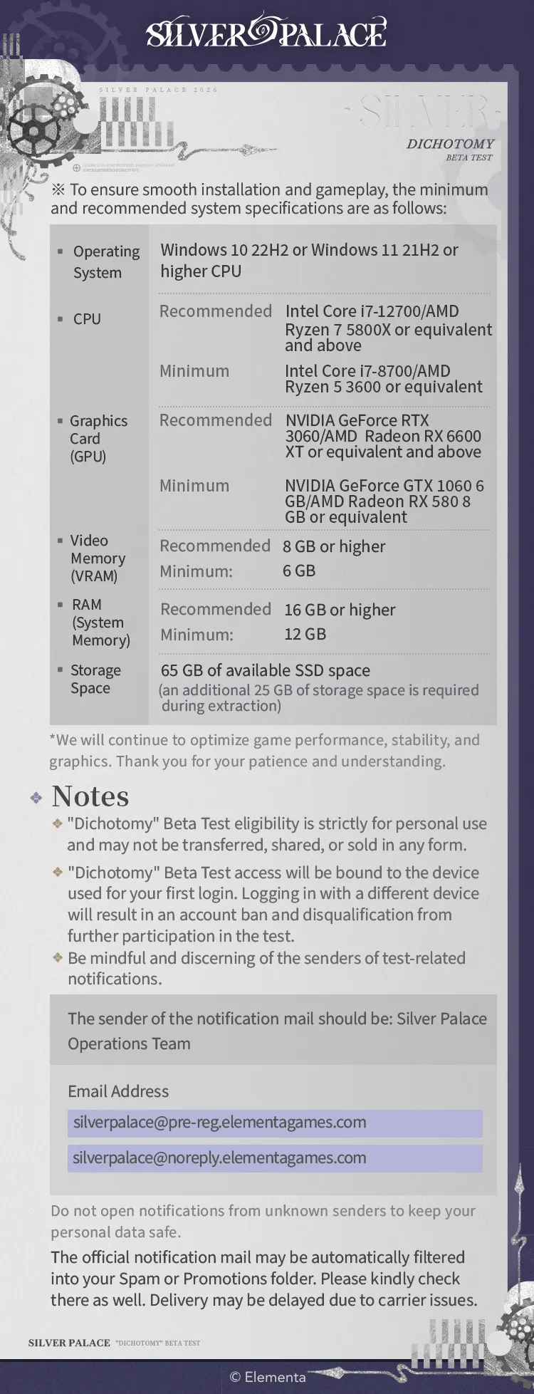 Silver Palace Dichotomy Beta Test minimum and recommended Windows PC system requirements