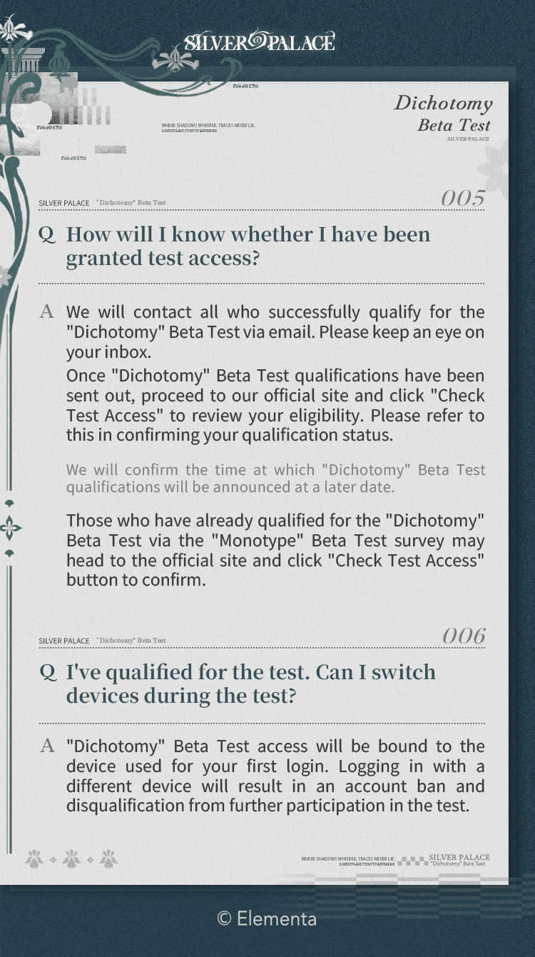 Silver Palace Dichotomy Beta Test FAQ — how access is granted and device binding
