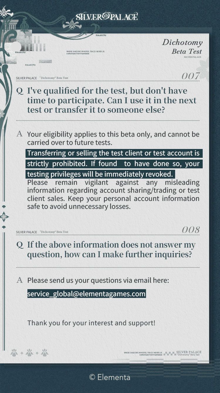 Silver Palace Dichotomy Beta Test FAQ — no account transfers or sales, contact details