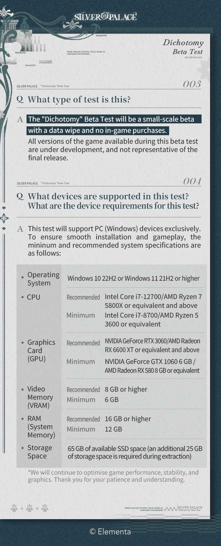 Silver Palace Dichotomy Beta Test PC system requirements — OS, CPU, GPU, VRAM, RAM and storage