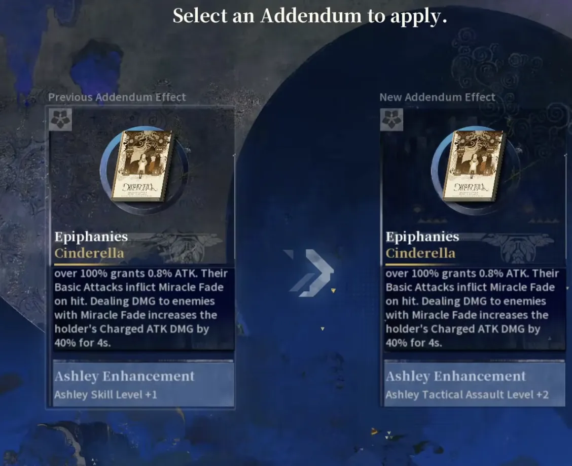 Silver Palace Select an Addendum to apply screen, comparing the previous Ashley Skill Level plus one Addendum against a new Ashley Tactical Assault Level plus two Addendum