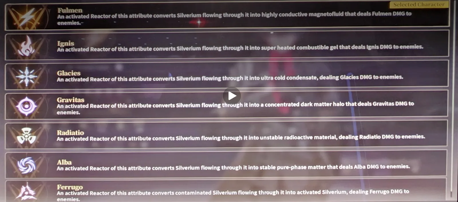 Silver Palace's official in-game Reactor Attribute detail screen from Expo preview footage, confirming seven of this theory's eight predicted attributes