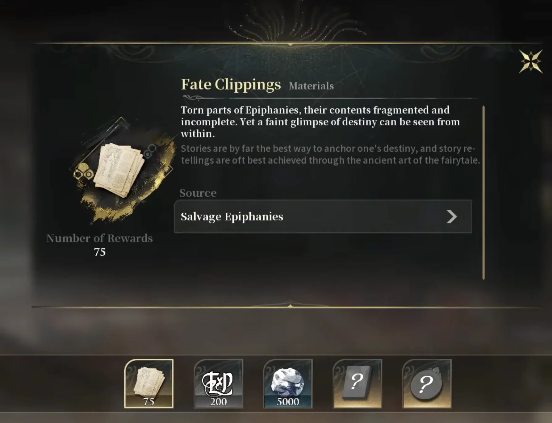 Silver Palace Fate Clippings material description, torn parts of Epiphanies obtained by salvaging Epiphanies