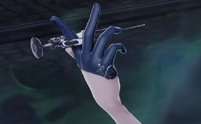 Silver Palace Firtho close-up of a gloved hand holding a surgical syringe in combat