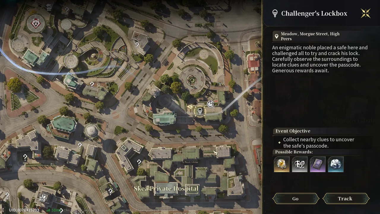 The Challenger's Lockbox map card in the Meadow, Morgue Street, explaining that a noble left a safe and challenged all to crack its passcode, with possible rewards below