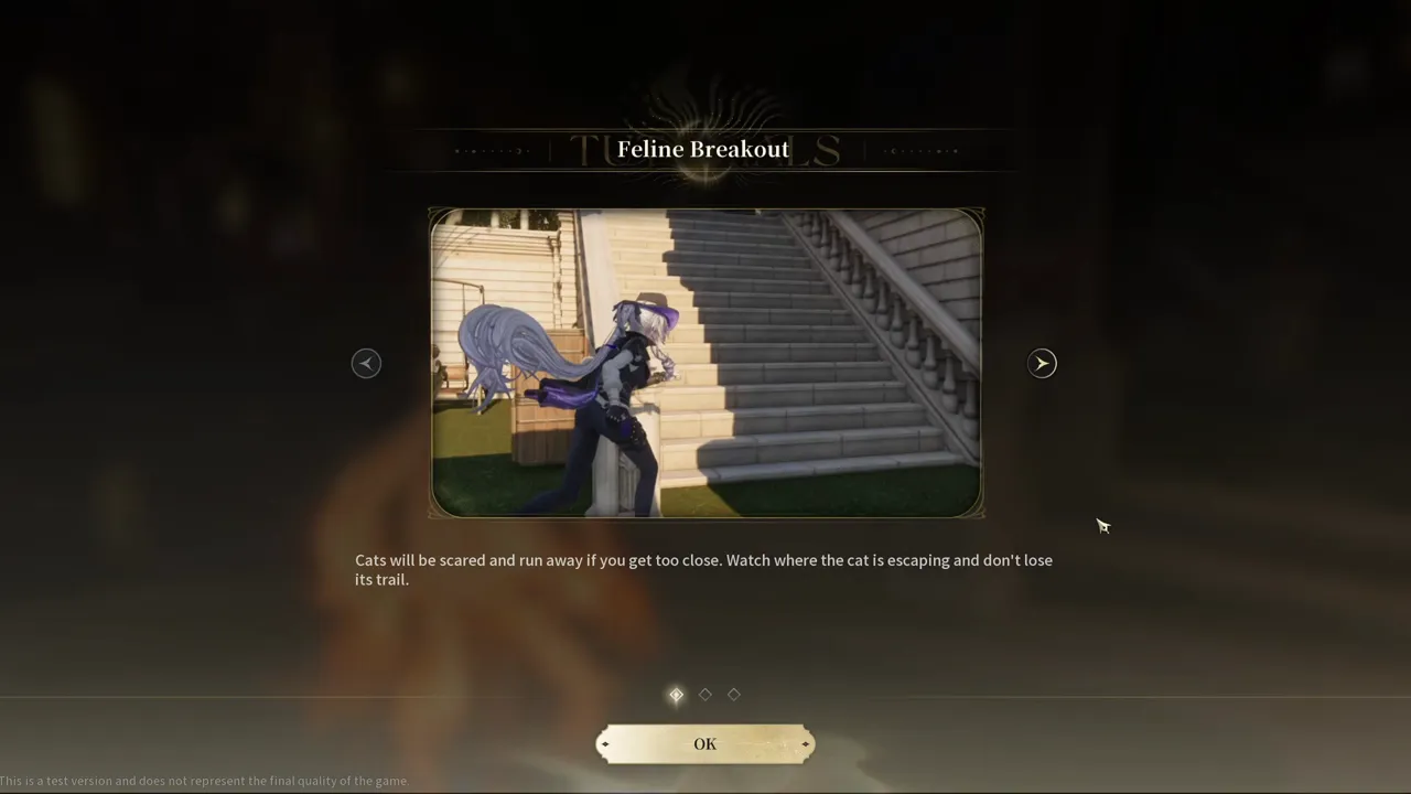 The Feline Breakout tutorial card, showing the Detective sneaking up a staircase, with text warning that cats run if you get too close