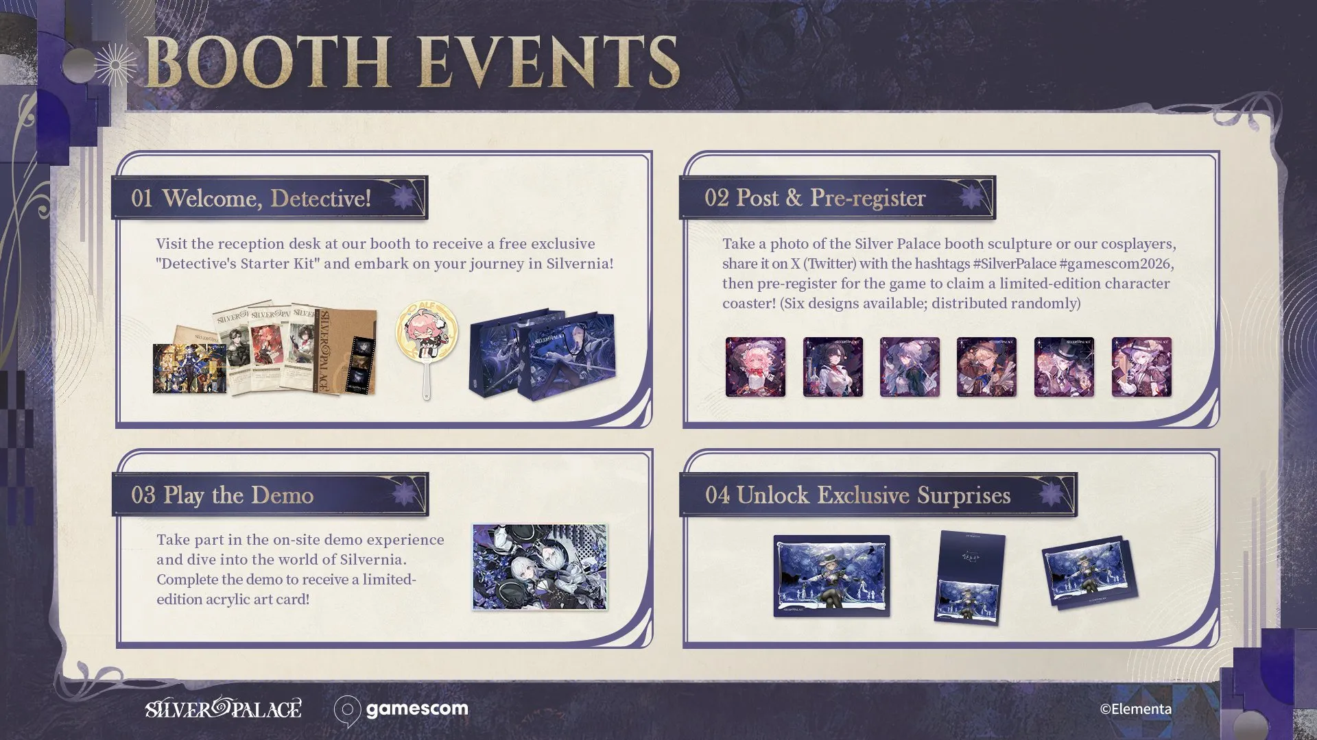 Silver Palace gamescom 2026 booth events panel showing the Detective's Starter Kit, six character coaster designs, the acrylic art card and a set of exclusive prints