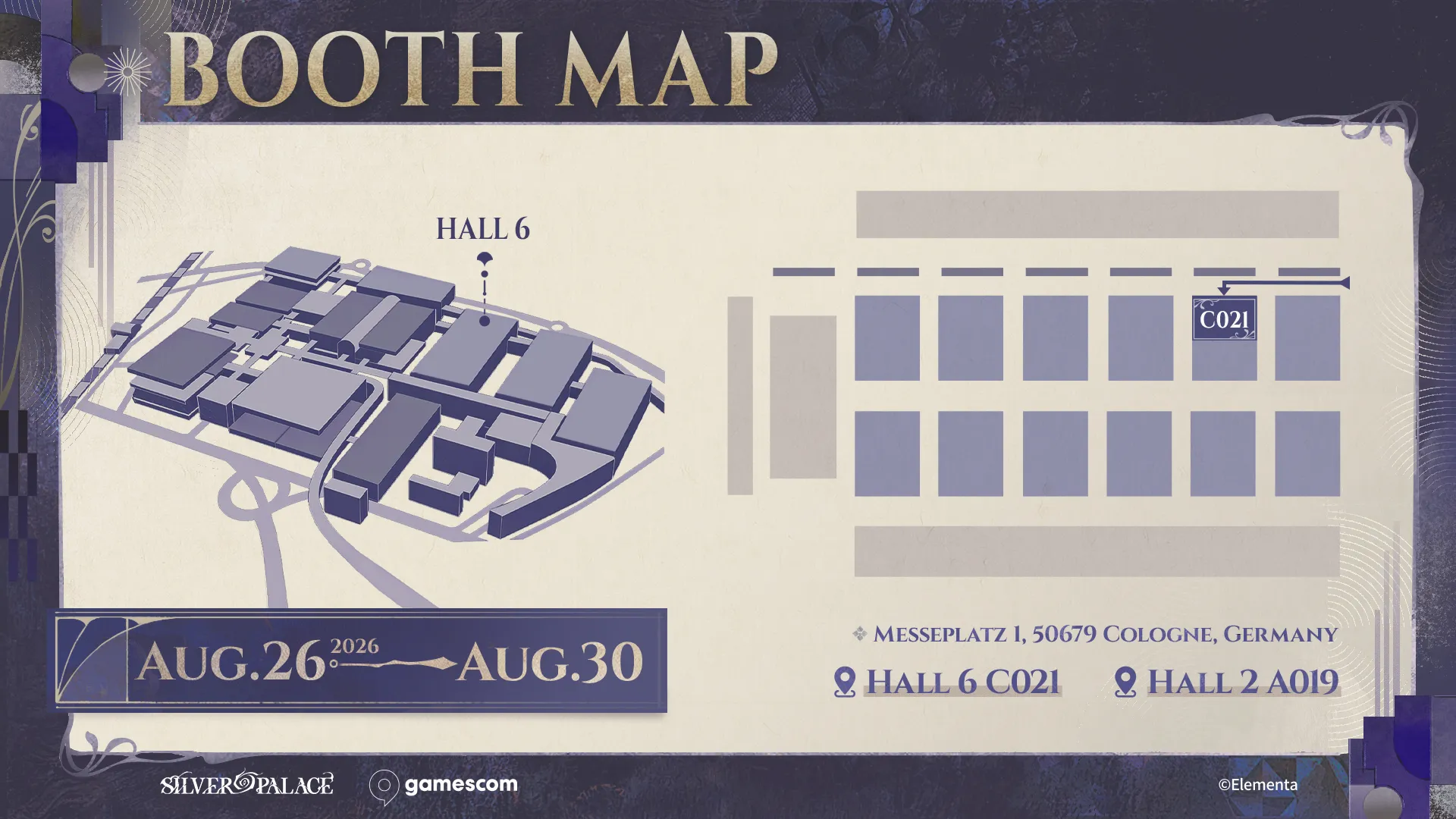 Silver Palace gamescom 2026 booth map marking Hall 6 on the Koelnmesse site plan and Stand C021 on the right of the hall grid