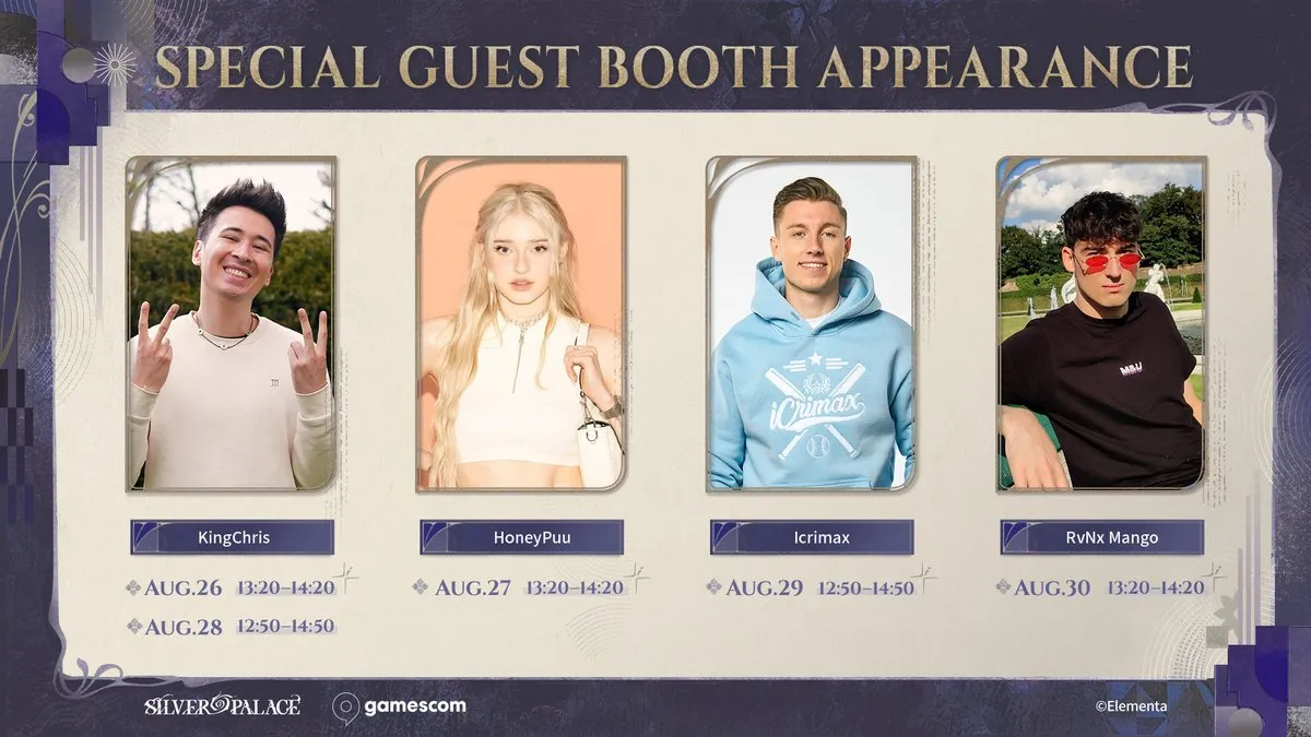 Silver Palace gamescom 2026 special guest booth appearances by KingChris, HoneyPuu, Icrimax and RvNx Mango with their dates and times
