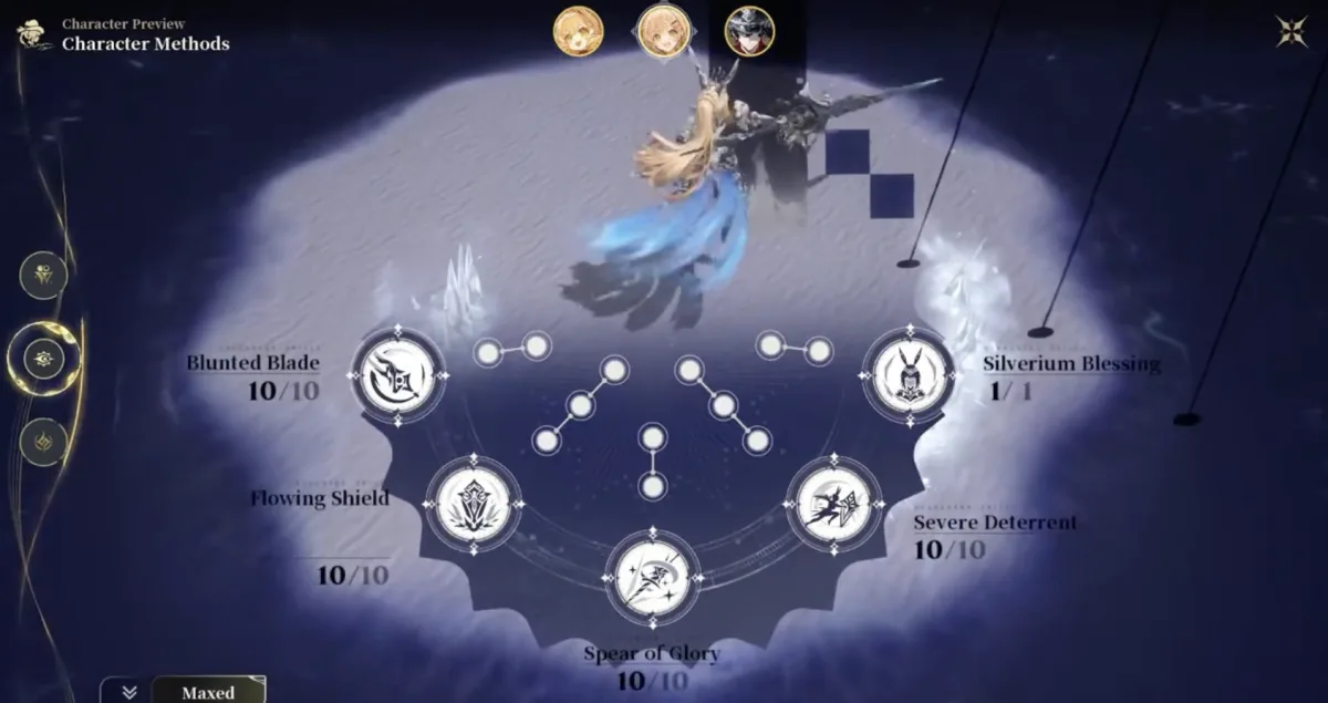 Gratia Methods skill tree in Silver Palace, showing Blunted Blade, Flowing Shield, Spear of Glory, Severe Deterrent, and Silverium Blessing
