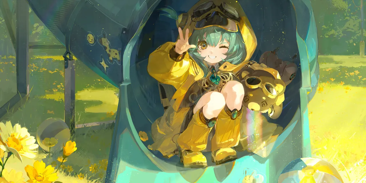 Captain Kaboom sitting in the mouth of a playground slide in Silver Palace, still wearing her work raincoat and goggles
