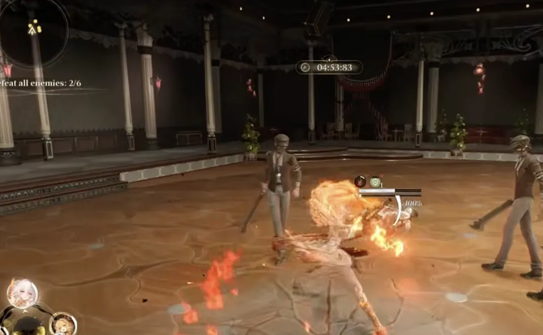 Silver Palace Hilbert's Hotel combat room in a ballroom, showing a Defeat all enemies 2 of 6 objective, a 4 minute 53 second timer, and an enemy taking Ignis damage