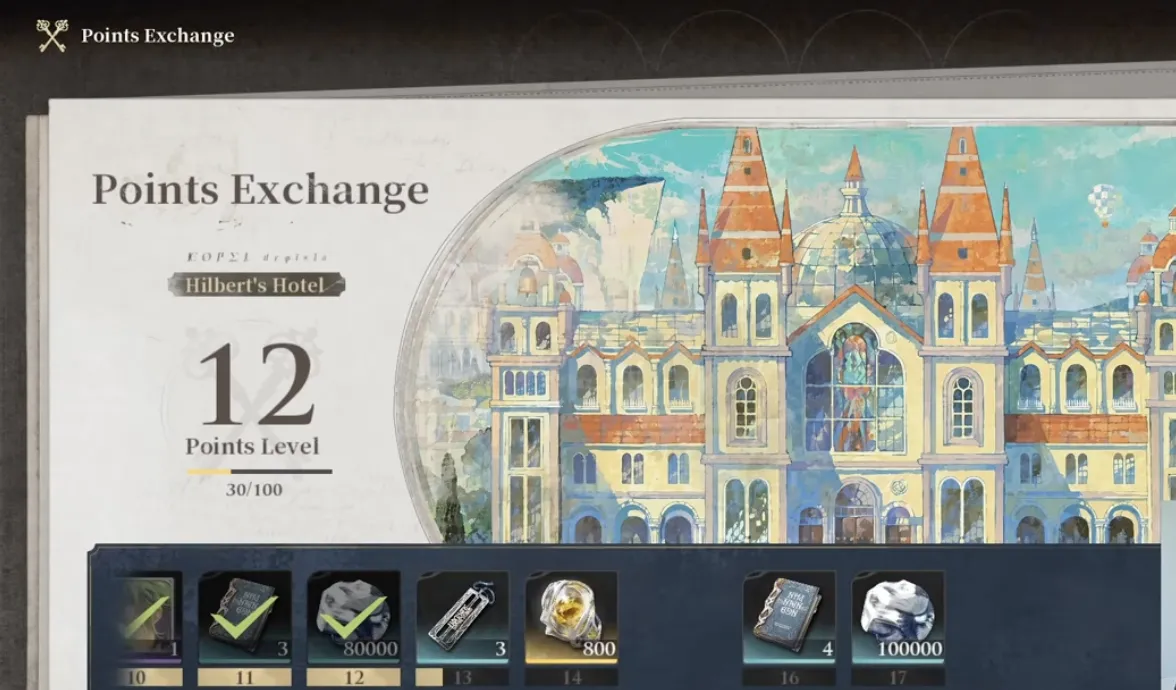 Silver Palace Hilbert's Hotel Points Exchange screen showing Points Level 12 at 30 of 100 with a numbered reward row of Insight books, Ounce, Reactor Crystals and other items below