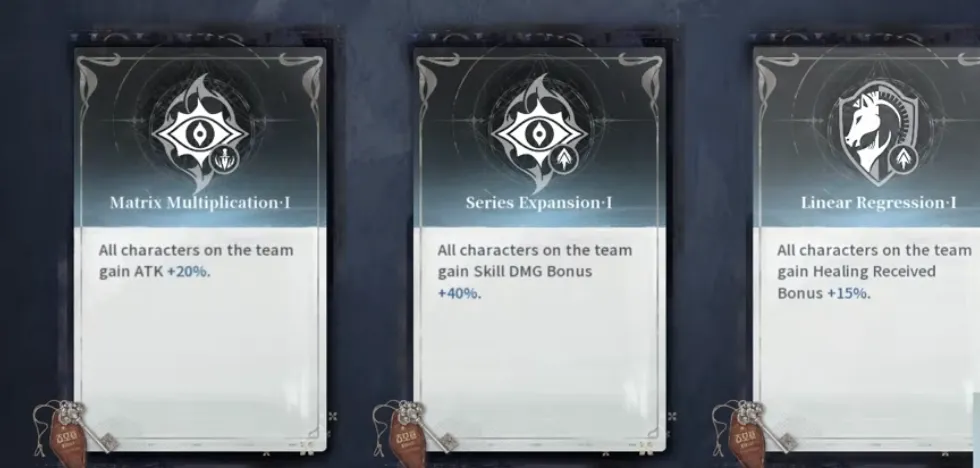 Silver Palace Hilbert's Hotel three-buff offer showing Matrix Multiplication I granting all team characters 20 percent ATK, Series Expansion I granting 40 percent Skill DMG Bonus, and Linear Regression I granting 15 percent Healing Received Bonus