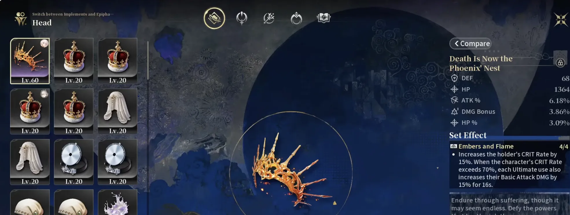 Death Is Now the Phoenix' Nest Implement with the Embers and Flame set effect at 4 of 4 pieces