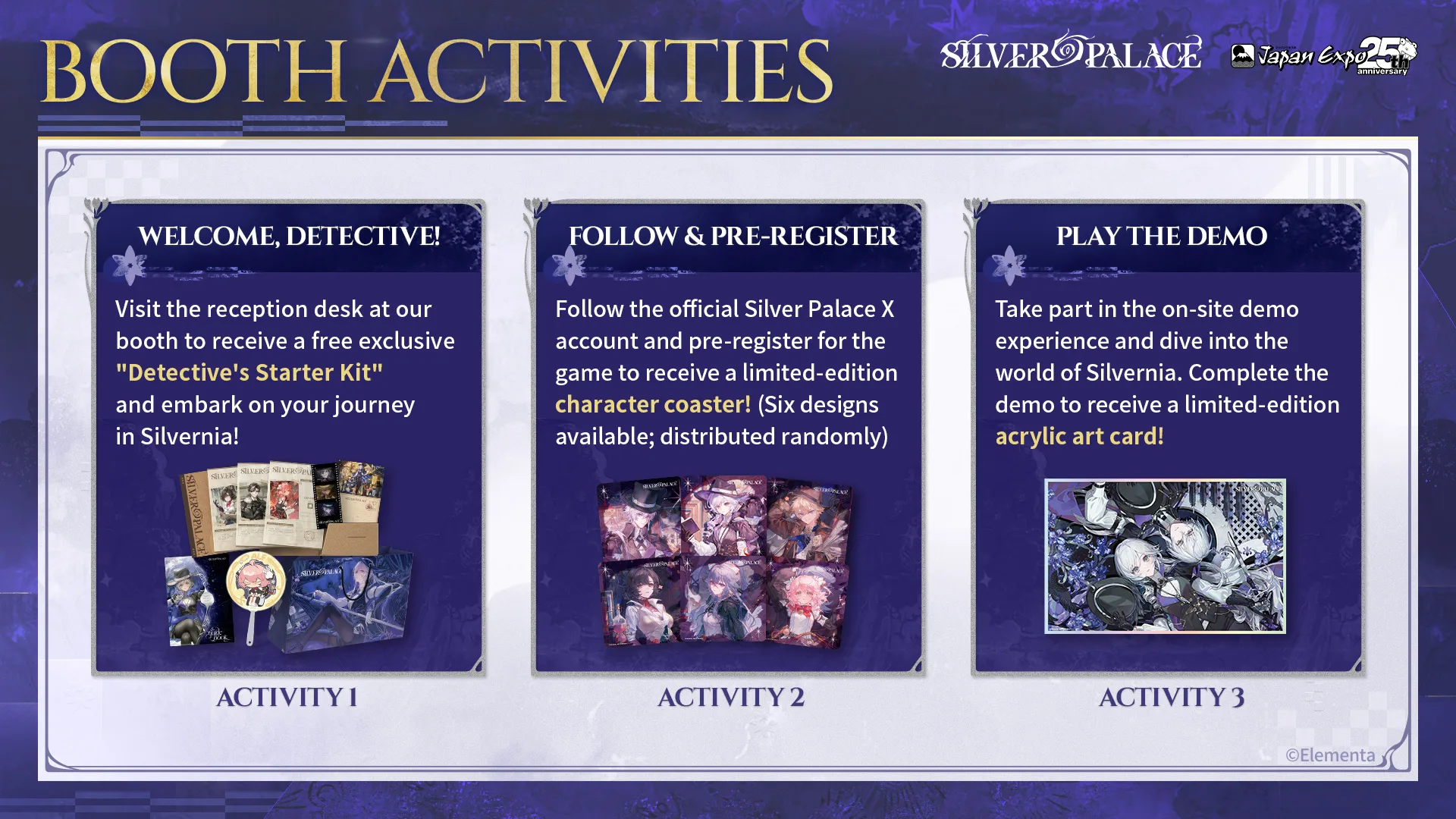 Silver Palace Japan Expo 2026 booth activities — Detective's Starter Kit, character coaster, acrylic art card